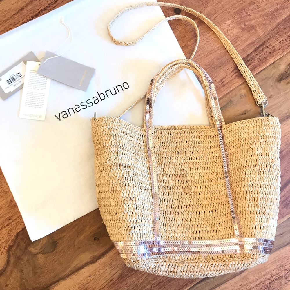 VANESSA BRUNO Cabas Petit Rose Gold Straw Bag $270